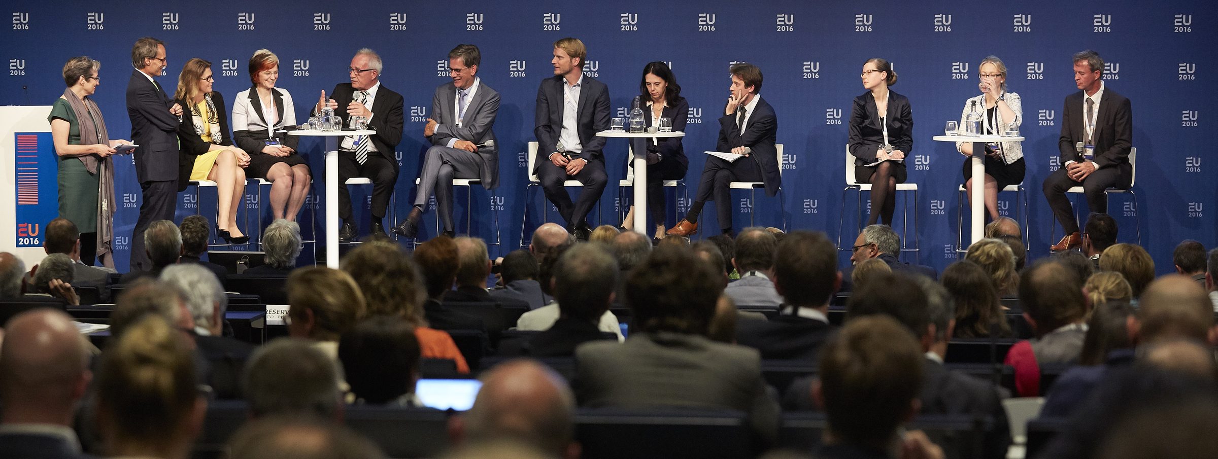 Monique van Dusseldorp chairing a twelve-person plenary at the Single Market Forum, EU2016 Netherlands Presidency