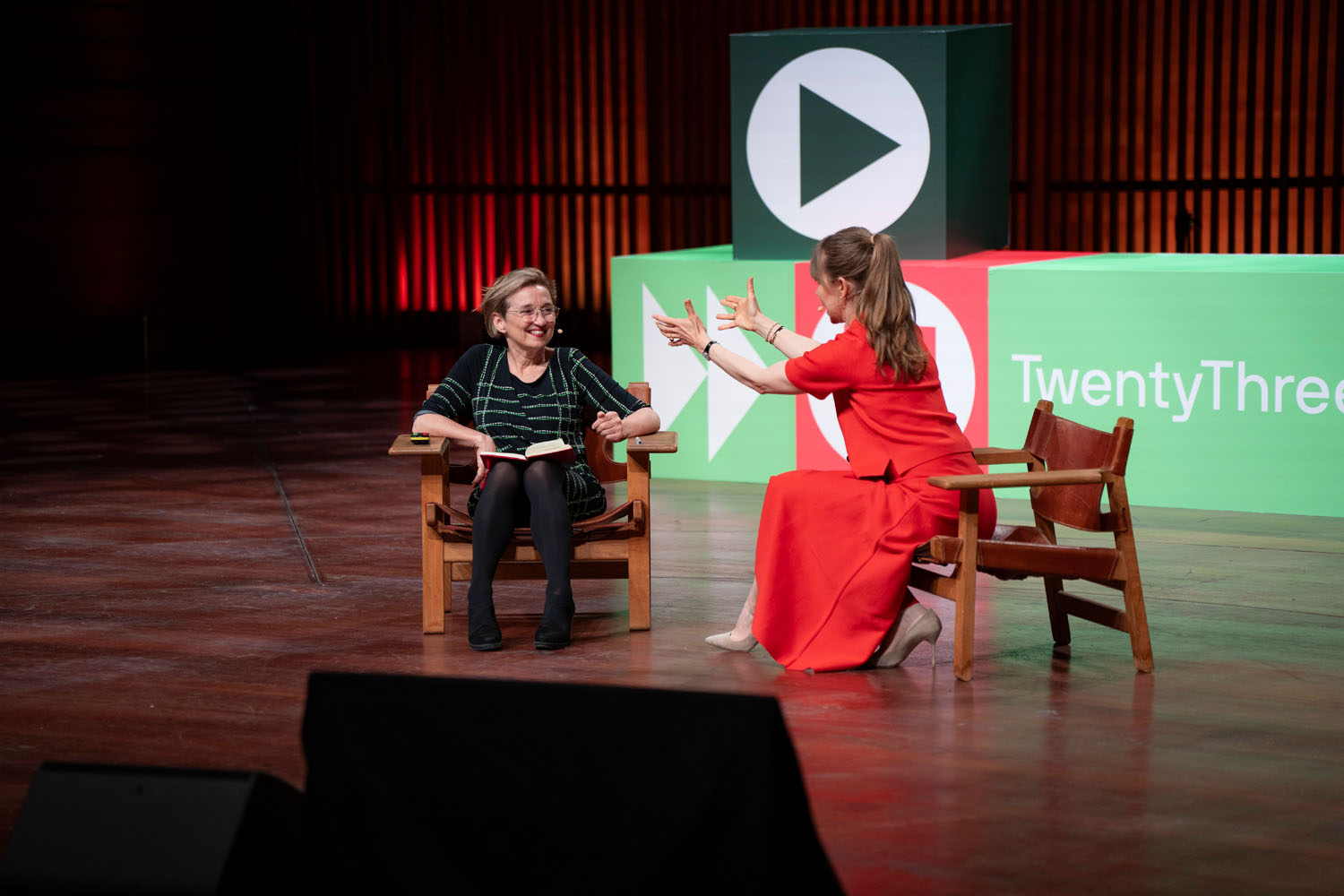 Monique van Dusseldorp on stage with actress Birgitte Hjort Sørensen at TwentyThree, Copenhagen